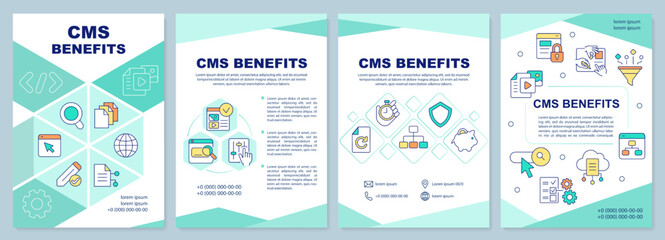 CMS benefits mint brochure template. Website development. Leaflet design with linear icons. Editable 4 vector layouts for presentation, annual reports. Arial-Black, Myriad Pro-Regular fonts used