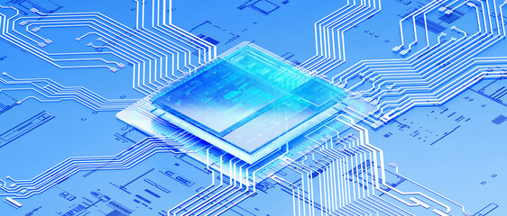 3D rendering of cyberpunk AI. Circuit board. Technology background. Central Computer Processors CPU and GPU concept. Motherboard digital chip. Tech science background.