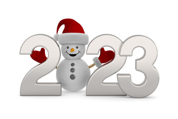 2023 new year. Snowman on white background. Isolated 3D illustration