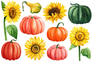 Sunflowers and pumpkins hand drawn on a white background. Watercolor illustration, autumn harvest