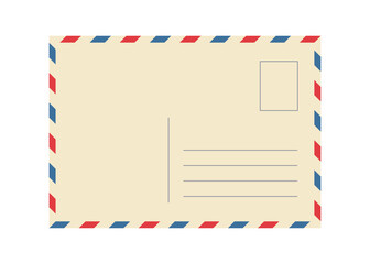 Vintage airmail postcard back template with diagonal blue and red stripe. Travel post card blank backside. Air mail envelope frame with postage place. Vector illustration isolated on white background.