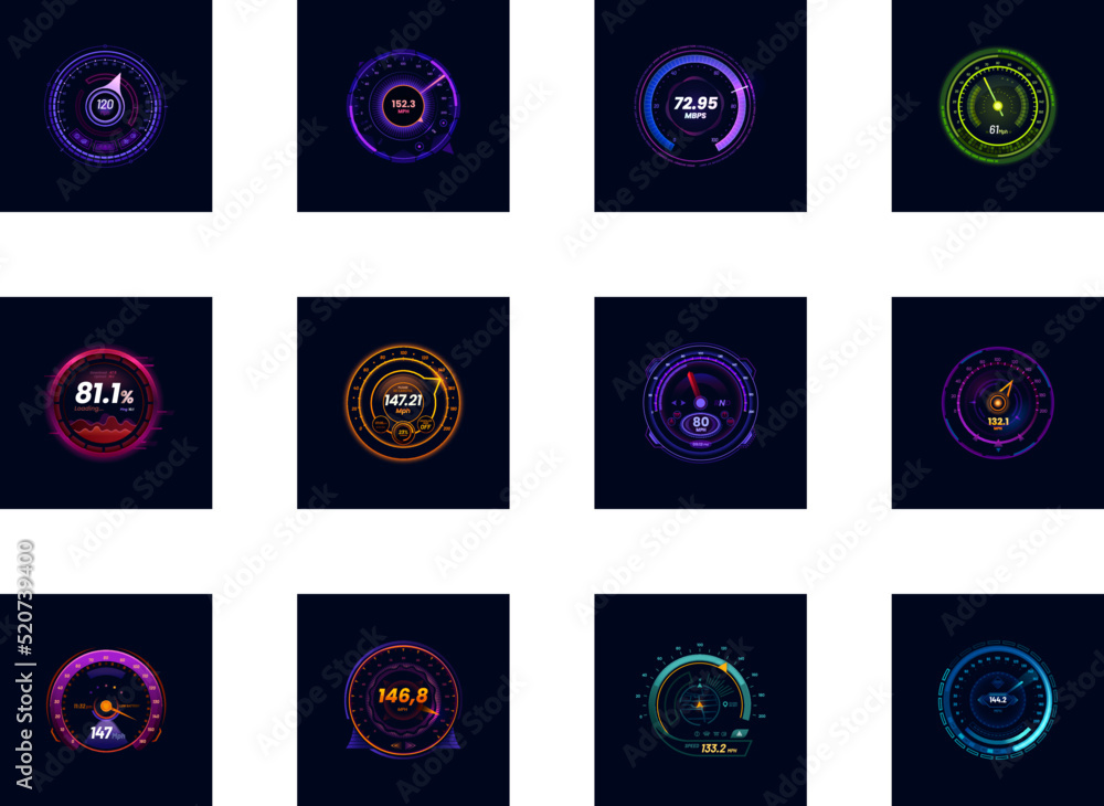Poster Car futuristic speedometer gauge dial. Automobile tachometer led vector circle display with Mph data and engine service icons. Future vehicle odometer screen or car dashboard power control counter