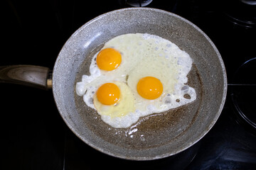 fried eggs in a frying pan, top view.