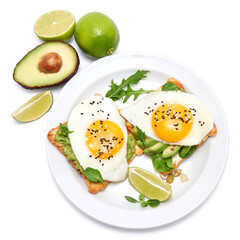 sliced avocado and fried egg on toasted bread isolated on white background