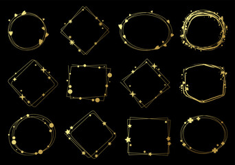 Modern golds frames in a minimalistic style with elements of hearts, stars, crosses, snowflakes, circles. Various shapes of frames, vector illustration isolated on white.