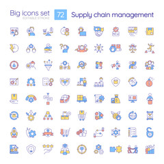 Supply chain management RGB color icons set. Production and logistics. Isolated vector illustrations. Simple filled line drawings collection. Editable stroke. Quicksand-Light font used