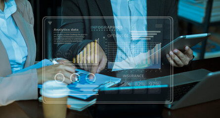 Business people hands working on network and digital finance marketing chart with future technology innovation and digital transformation concept.