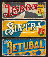 Lisbon, Setubal, Sintra, Portuguese city plates and travel stickers, Portugal vector tin signs. Portuguese cities destinations and voyage luggage tags or vintage tin plates with travel landmarks
