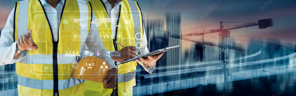 Aufkleber future building construction engineering and technology project concept. double exposure graphic wit