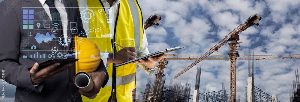 Fototapete future building construction engineering and technology project concept. double exposure graphic wit
