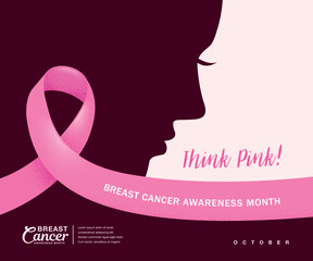 Breast cancer awareness month poster design with pink ribbon and a women silhouette