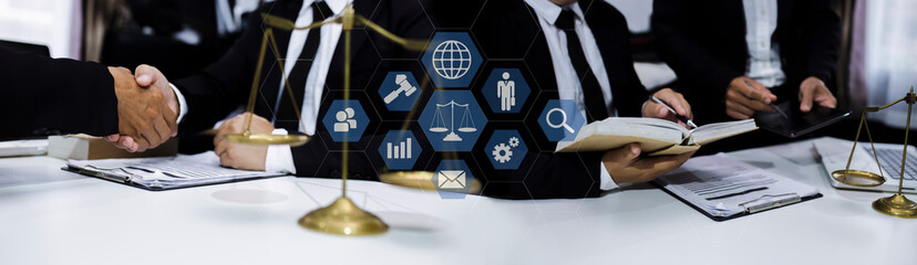 Concepts of Law and Legal services. Lawyer working with law interface icons. Blurred background.	