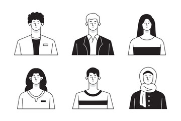 Set of colorless young business people avatars in flat design, woman and man portrait illustration