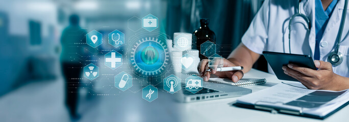 Medical technology and futuristic concept. Doctor hologram modern virtual screen interface.	