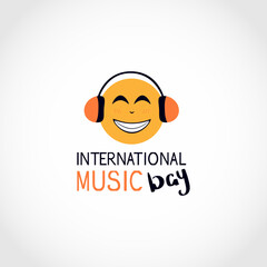 Smiling face in headphones. World Musical Instruments Day.