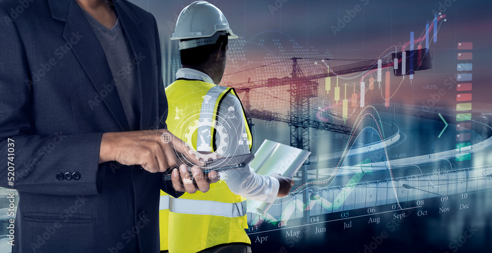 Fototapete future building construction engineering and technology project concept. double exposure graphic wit