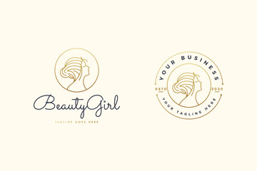Classic beauty logo with line art illustration of a woman's face