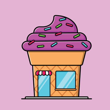 Ice Cream Shop Cartoon Vector Icon Illustration. Food Shop Building Flat Cartoon Concept