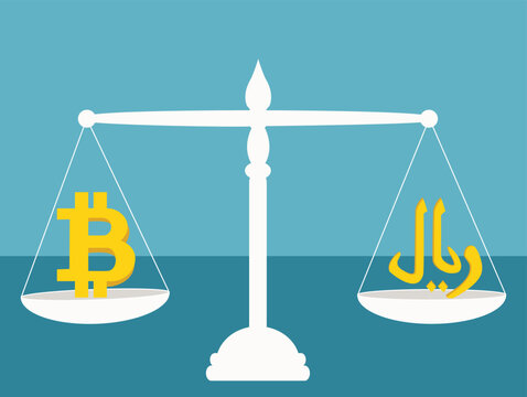 Bit coin and Riyal balancing Scales, currency Exchange concept,