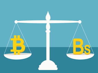 Bit coin and Bolivar balancing Scales, currency Exchange concept, - obrazy, fototapety, plakaty