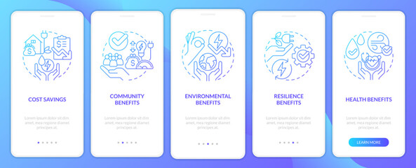 Energy efficiency benefits blue gradient onboarding mobile app screen. Walkthrough 5 steps graphic instructions with linear concepts. UI, UX, GUI template. Myriad Pro-Bold, Regular fonts used