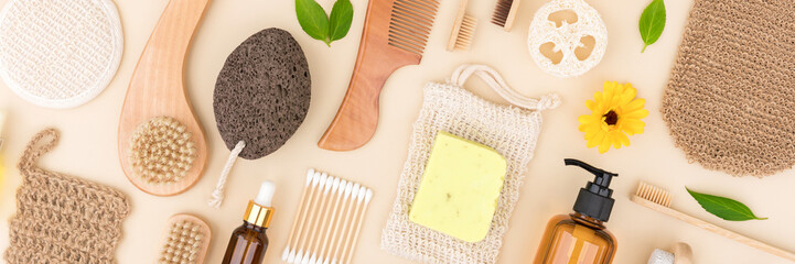 Banner with natural bath accessories bundle. Skincare and self-care products for body and skin...