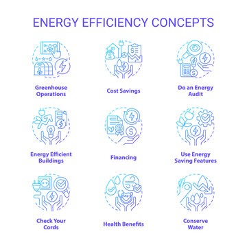 Energy efficiency blue gradient concept icons set. Electricity and power conservation. Sustainability idea thin line color illustrations. Isolated symbols. Roboto-Medium, Myriad Pro-Bold fonts used
