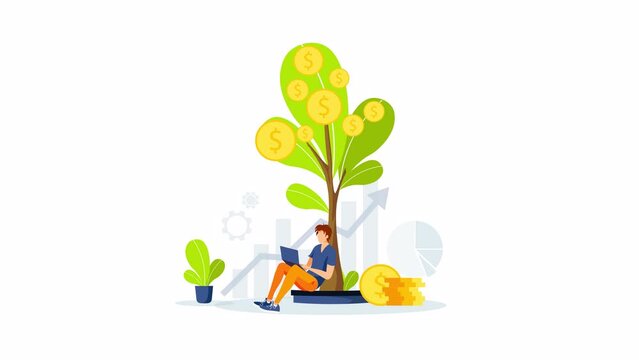 Growing tree with coins and man working with laptop. Profit, income, making money, financial success, business, investment concept. Animation video.