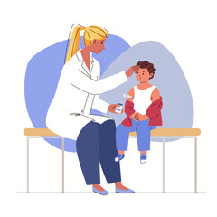 Sick child with friendly, caring doctor. Kid got cold. Child's body temperature is measured and medicines are given. Characters in colored flat vector illustration isolated on white background.
