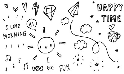 Doodle frames line happy time. Sketch set scribble cute isolated collection for baby.
