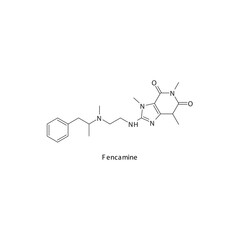 Fencamine molecule flat skeletal structure, Psychostimulant, amphetamine -  class drug used in ADHD, narcolepsy treatment. Vector illustration on white background.