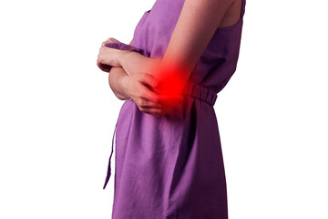 young woman experiencing pain in elbow joint on white background.