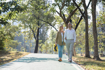Good looking senior couple walking along small street in public park in the moring after retirement. Healthy senior or happy elder couple concept.