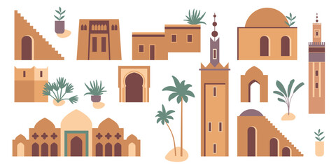 Fototapeta na wymiar Vector architecture set. Morocco inspired flat illustration with mosque, tower, house, plants, palm trees. Graphic ollection of earthy colored buildings clip art. Abstract travel design template