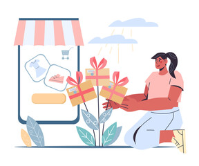 Shopping Online in mobile app of web store, flat cartoon vector illustration isolated on white background. Woman getting parcels from internet store.
