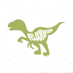 Velociraptor colorful dinosaur with lettering and texture. Vector illustration.