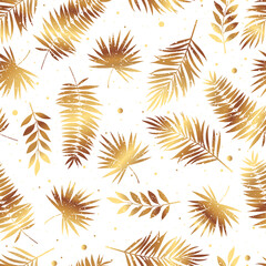 Tropical exotic background. Gold palm tree leaves on white. Vector illustration. 