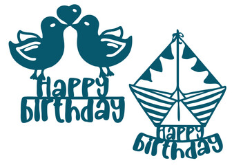 Vector birthday toppers. Ship and birds with hearts