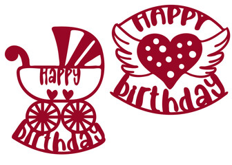 Vector birthday toppers. Stroller and heart with wings