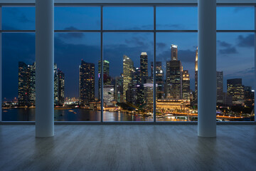 Fototapeta na wymiar Downtown Singapore City Skyline Buildings from High Rise Window. Beautiful Expensive Real Estate overlooking. Empty room Interior Skyscrapers View. Night time. 3d rendering.