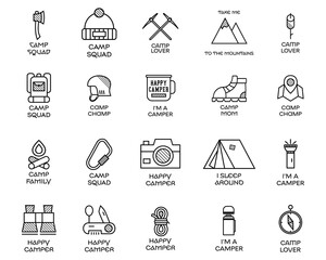 Collection of outline logos with various camp images