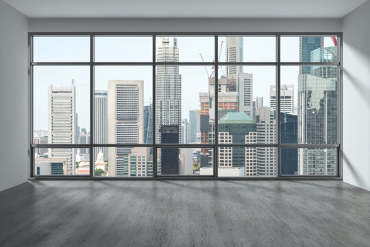 Empty room Interior Skyscrapers View. Downtown Singapore City Skyline Buildings from High Rise Window. Beautiful Expensive Real Estate overlooking. Day time. 3d rendering.