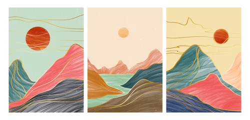 Deurstickers Set of Mountain landscape with line art, mountain, sunset and river. Abstract mountain contemporary aesthetic backgrounds landscapes. vector illustrations © gina
