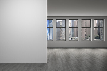 Downtown Chicago City Skyline Buildings Window background. Mockup empty copy space wall. Office room Interior Skyscrapers, River walk, bridge, waterfront view. Cityscape. Day. Ad concept. 3d rendering