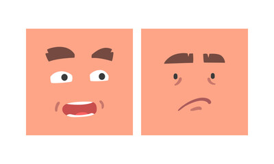 Face Expression and Emotion with Eyebrow and Mouth Grimace in Square Shape Vector Set