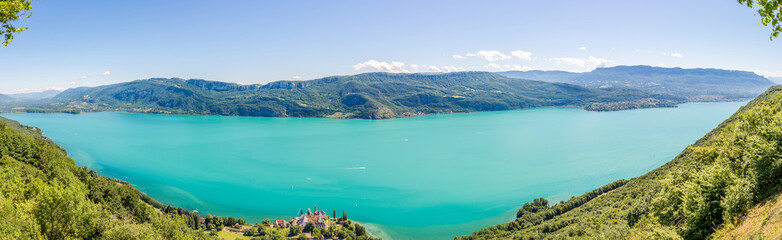 Panoramic view from the viewpoint above the Hautecombe monastery near Bourget Lake, France
