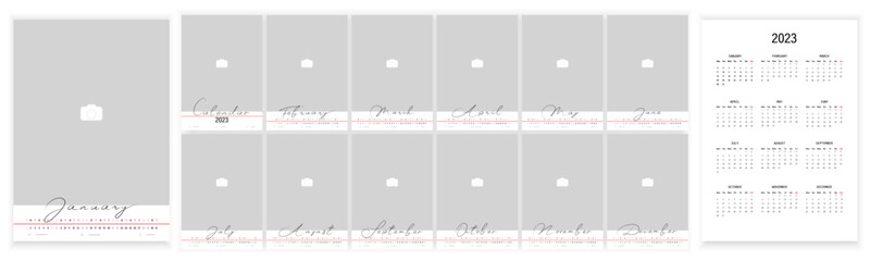 Wall Monthly Photo Calendar 2023. Simple monthly vertical photo calendar Layout for 2023 year in English. Cover Calendar, 12 months templates. Week starts from Monday, Sanday. Vector illustration