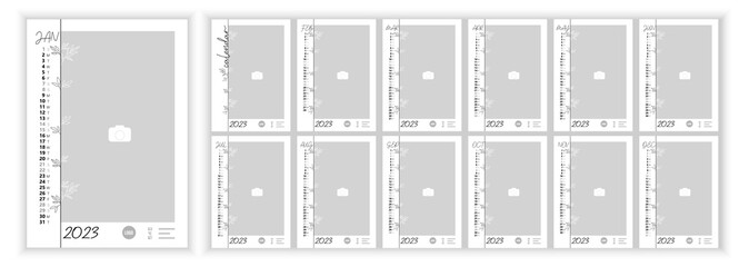 Wall Monthly Photo Calendar 2023. Simple monthly vertical photo calendar Layout for 2023 year in English. Cover Calendar, 12 months templates. Week starts from Monday, Sanday. Vector illustration