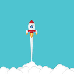 App launch. Startup vector concept, flat cartoon rocket or rocketship launch, mobile phone or smartphone, idea of successful business project start up, boost technology, innovation.	