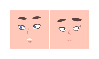 Face Expression and Emotion with Eyebrow and Mouth Grimace in Square Shape Vector Set